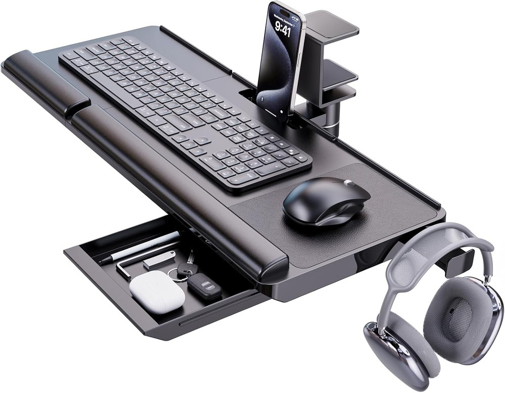 Klearlook 360° Rotating Keyboard Tray with Wrist Rest & Drawer - Black