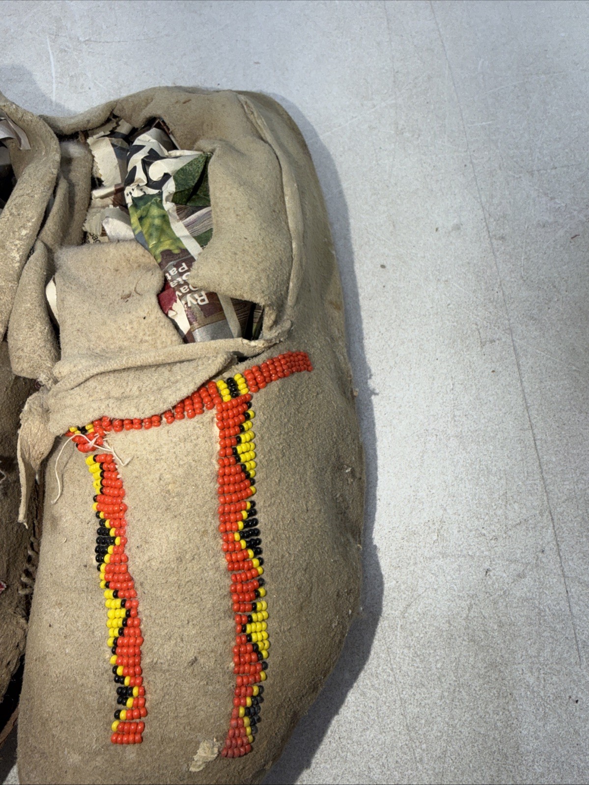 Authentic Native American Leather Beaded Moccasin Lot and Indian Rattle