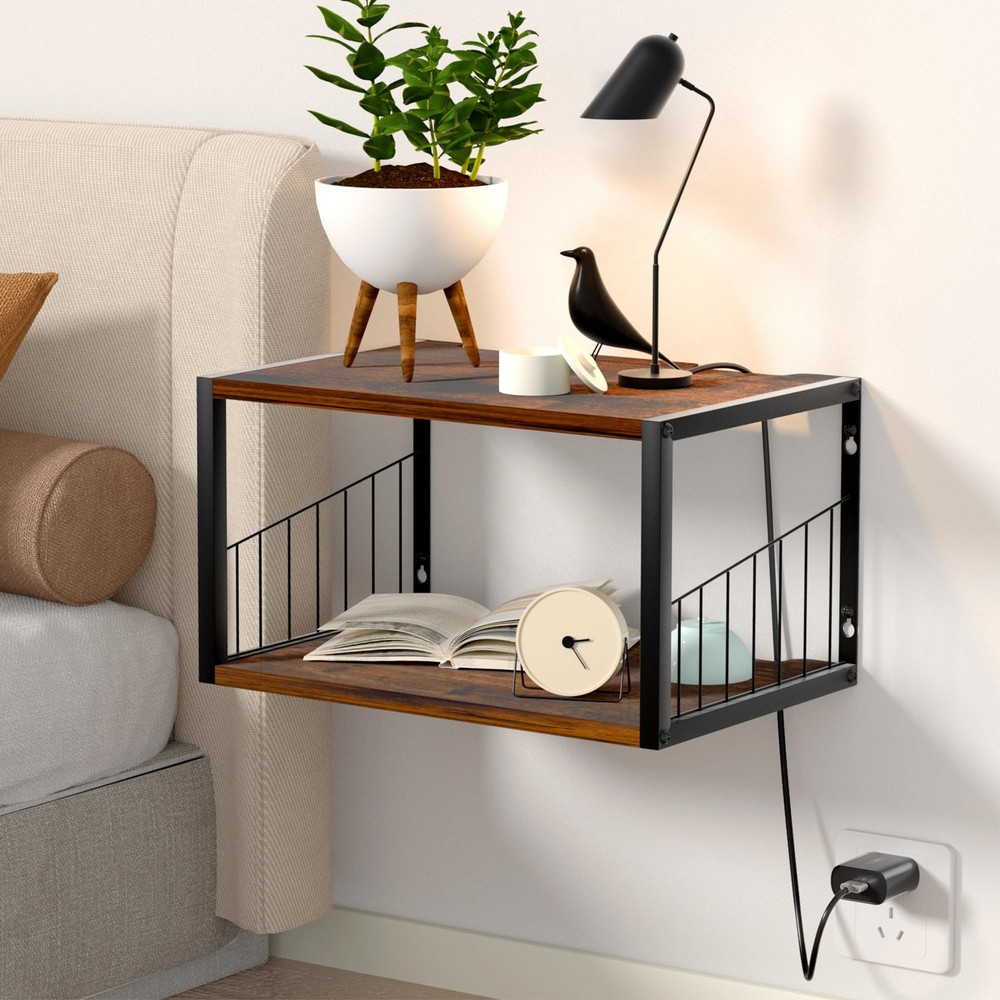 Floating Nightstand, Wood Floating Bedside Table with Cable Hole, Wall Mounte...