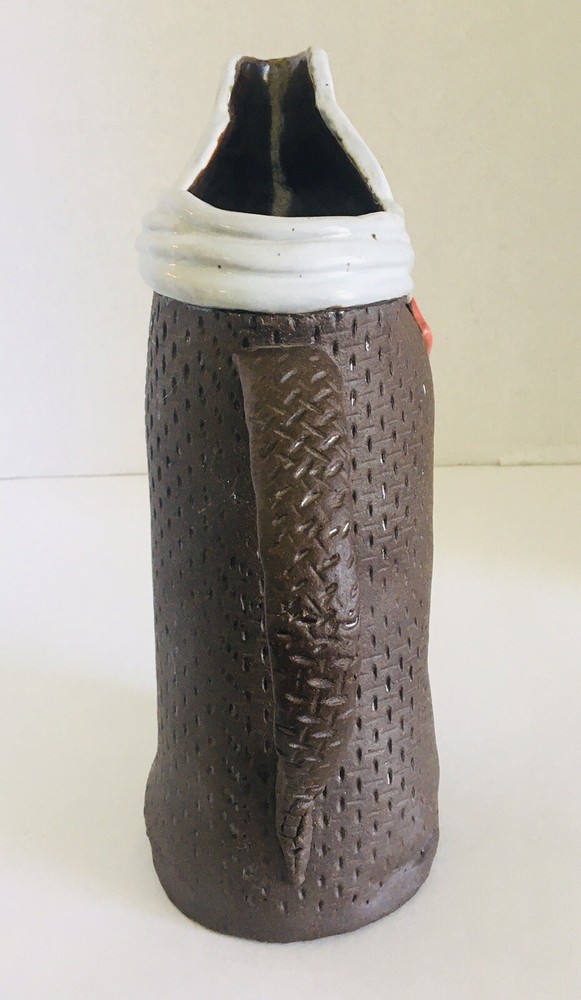 Ceramic Pitcher Basket Weave Textured Studio Pottery with Makers Mark 11" Tall