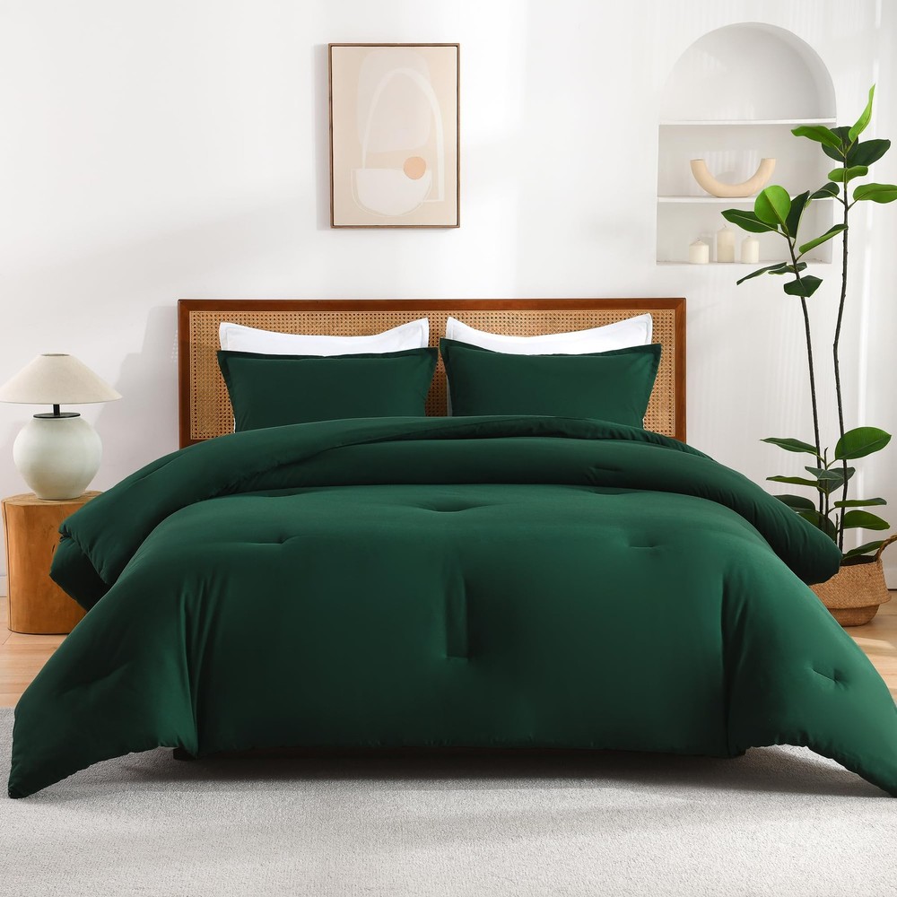 Dark Emerald Green Twin Size Comforter Set, 2 Pieces Boho Solid Bedding Comfo...