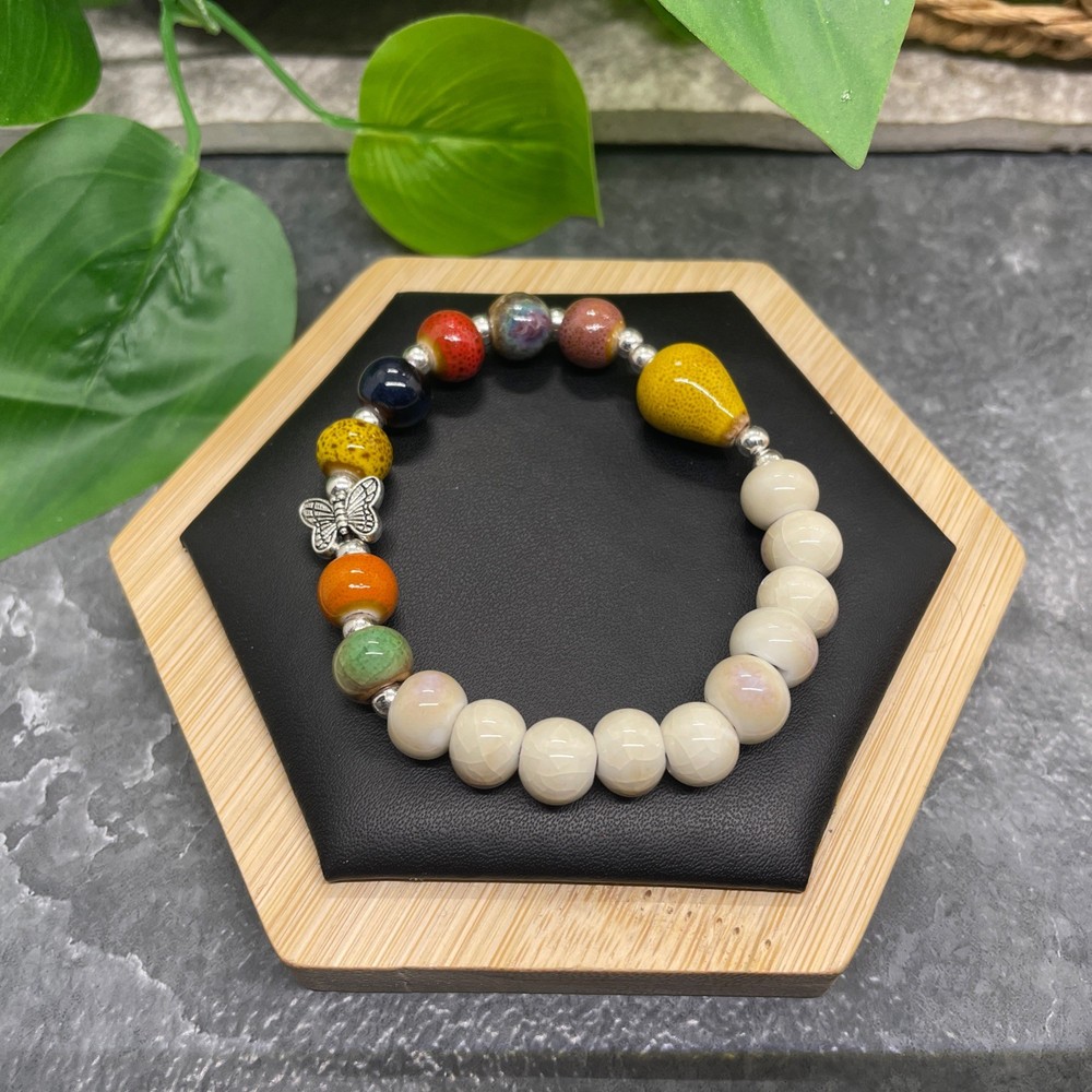 Handmade Ceramic Bead Beaded Stackable 6.25” Plus Stretch Bracelet New B487