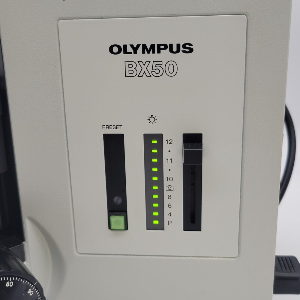 Olympus Microscope BX50 w. Binocular Head, Fixed Stage & 4x, 10x, 40x Objectives