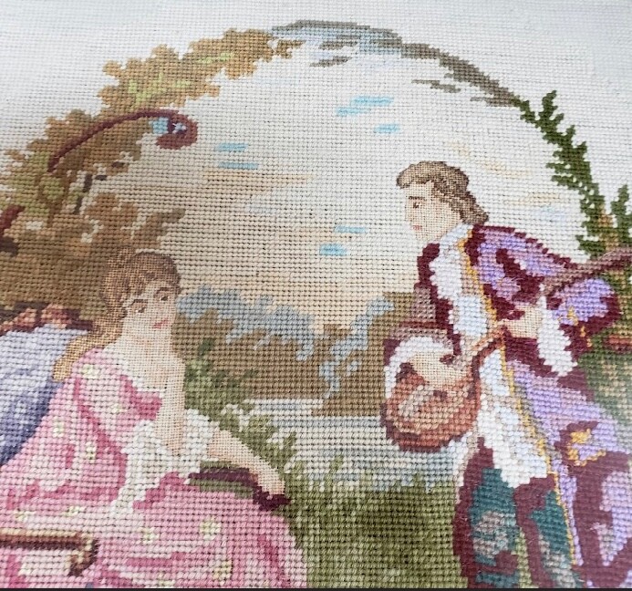 Vintage Colonial Framed Needlepoint Home Decor Wall Hanging