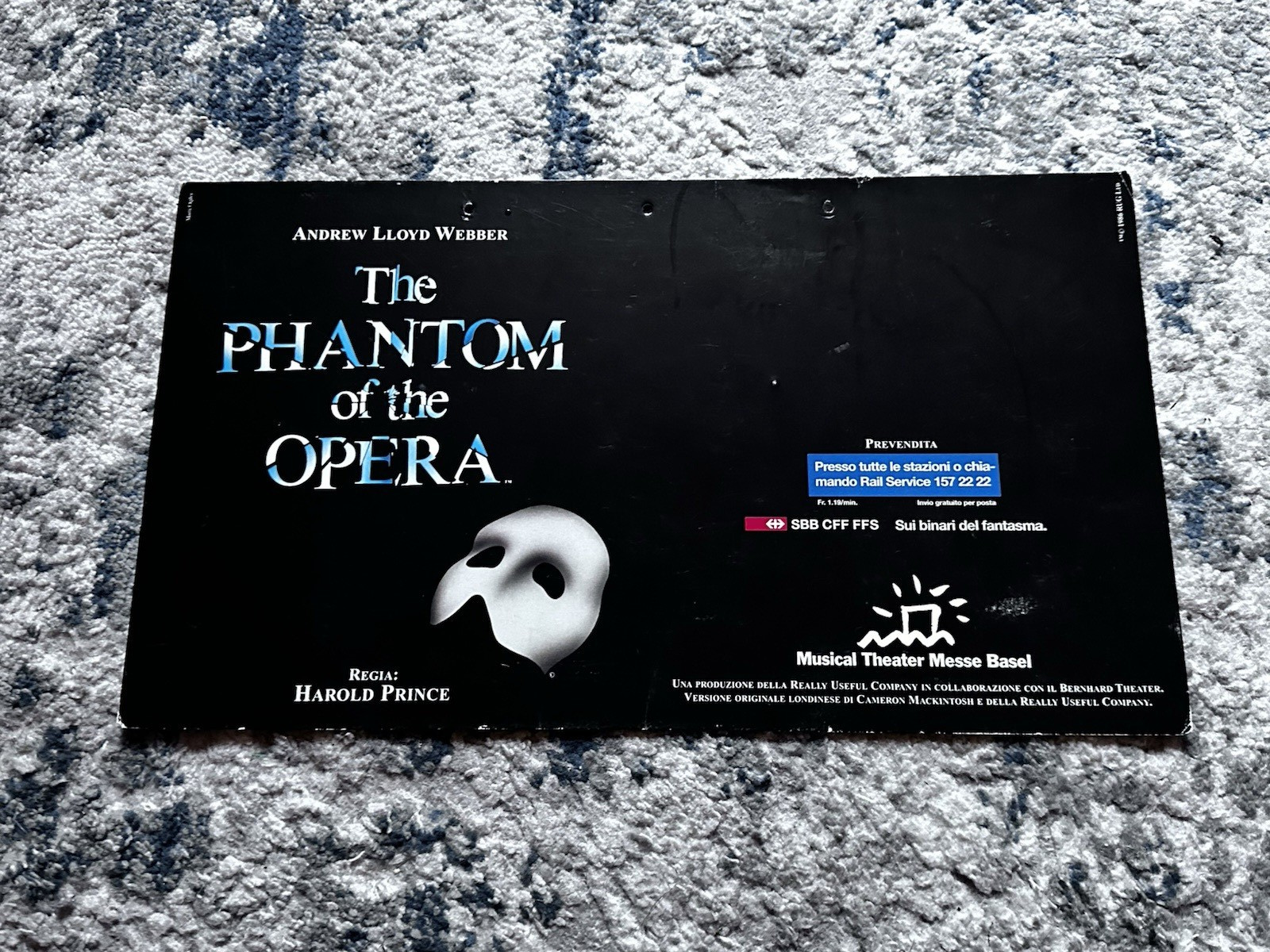 1986 Phantom of the Opera Switzerland Cardboard Sign Advertisement 15"x8" 2 Side