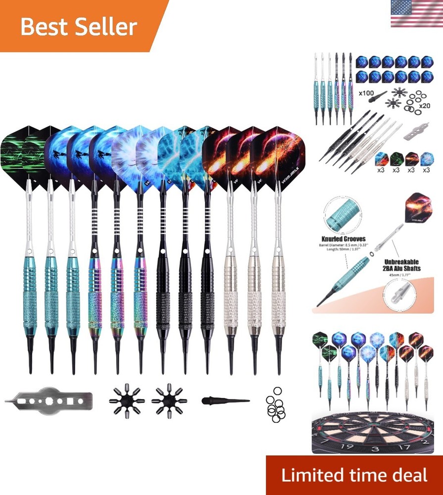 Premium 12-Piece Soft Tip Darts Set with 100 Extra Tips & Unique Flight Designs