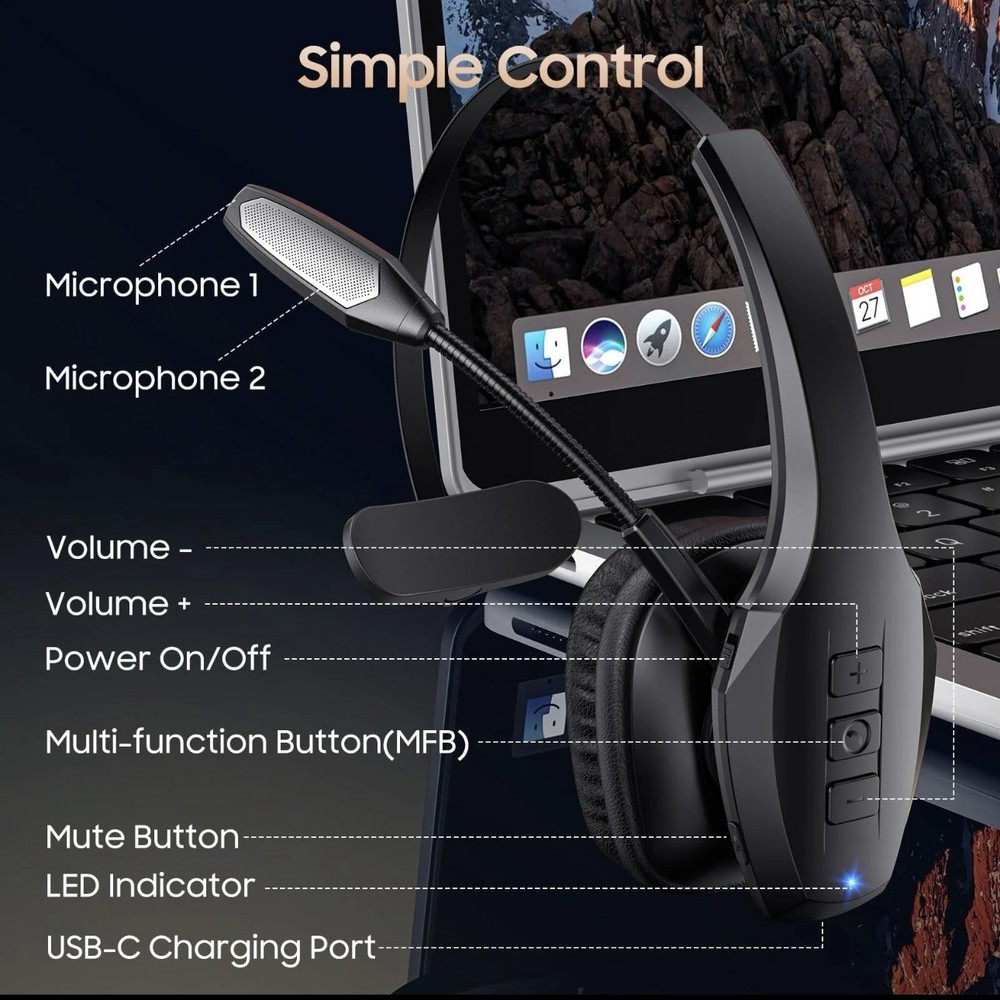 Trucker Bluetooth Headset, Wireless Headset with Mic, Bluetooth Headsets