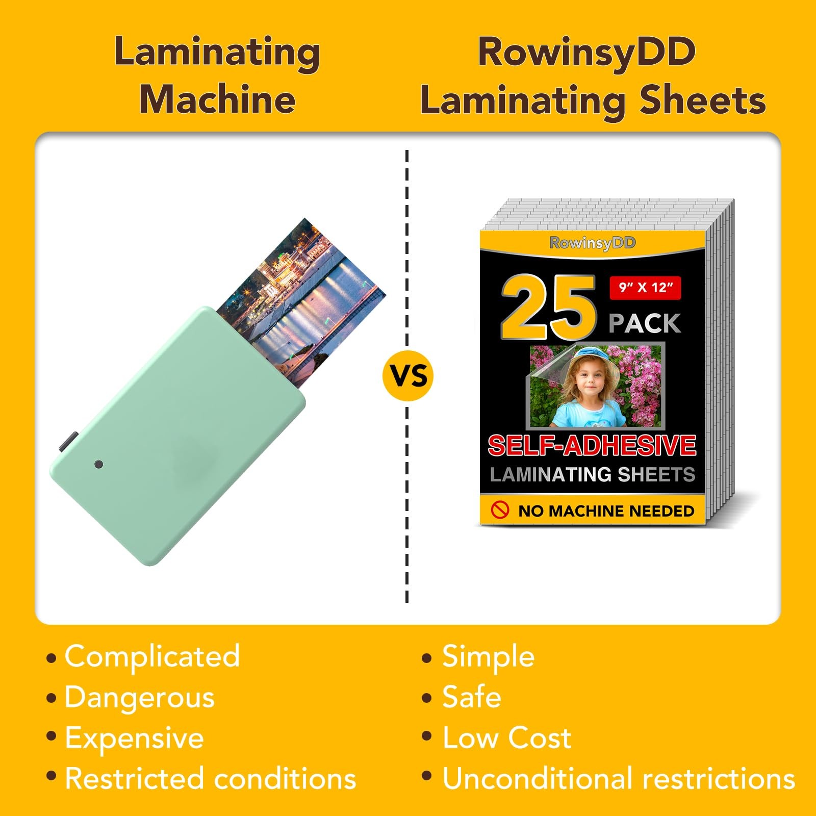 RowinsyDD 25 Pack Self Adhesive Laminating Sheets, 9 X 12 Inch, Clear Sticker...