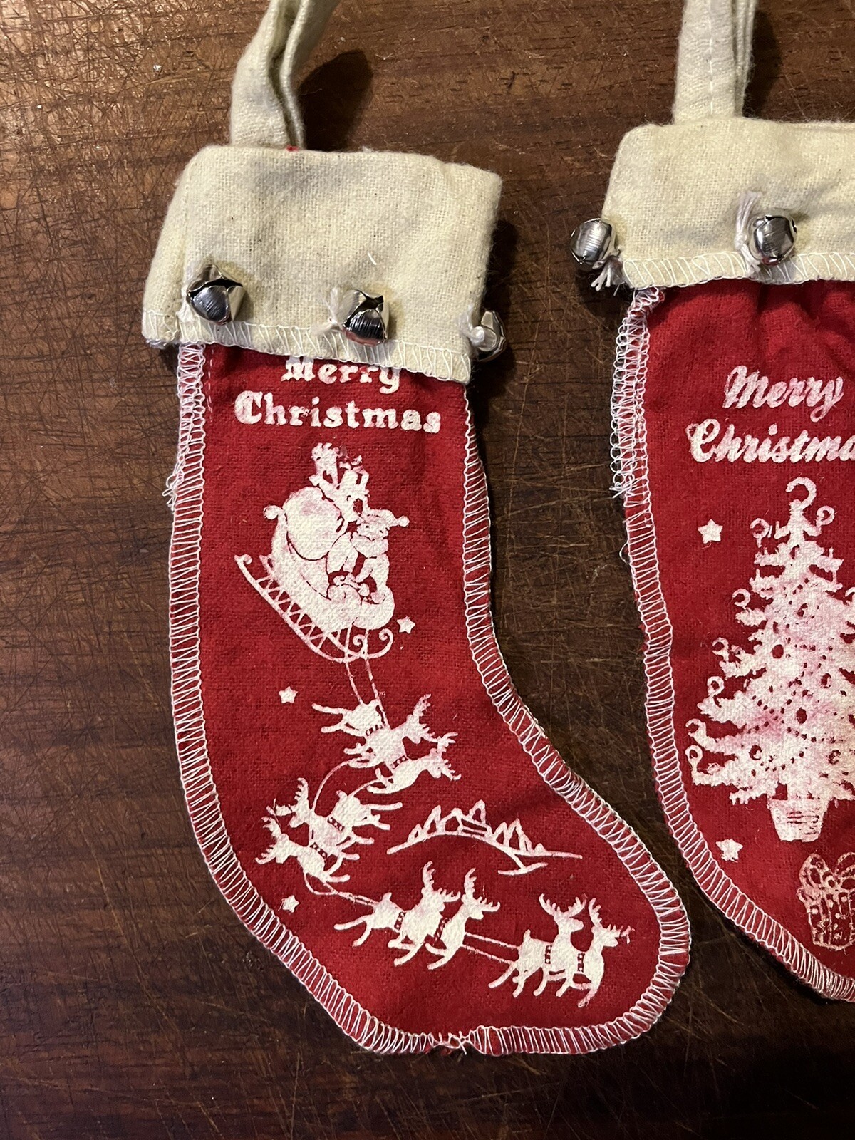 3 Vintage Style Red Felt Merry Christmas stockings Jingle Bells Santa Reindeer