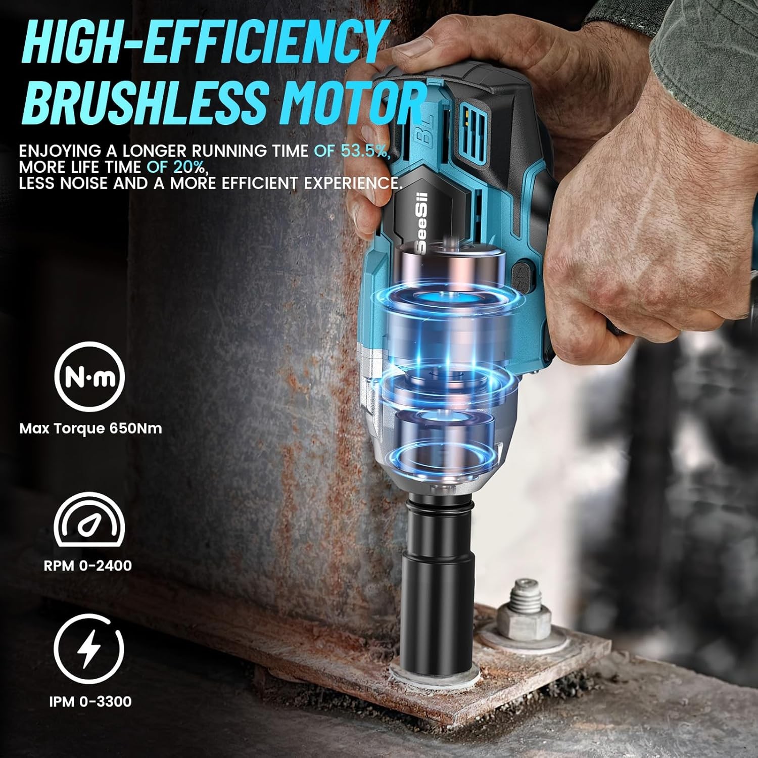 Seesii Cordless Impact Wrench 1/2" Torque 479 Ft-lbs(650Nm) Brushless Impact Gun