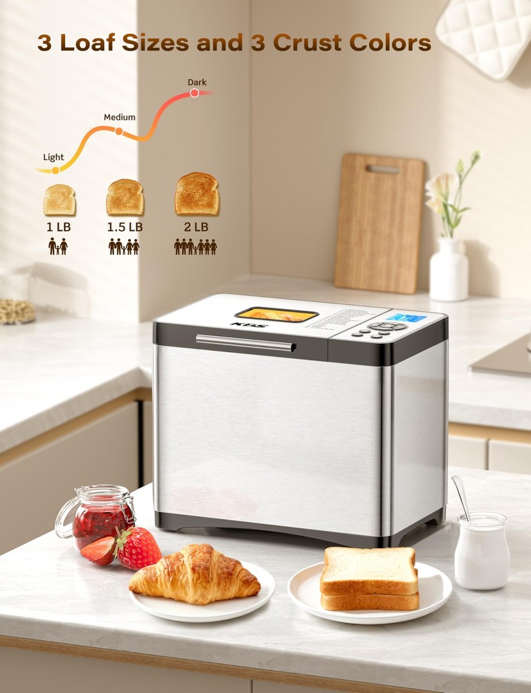 KBS 19-in-1 Programmable Bread Maker, 2LB Bread Machine with Healthy Ceramic Pan
