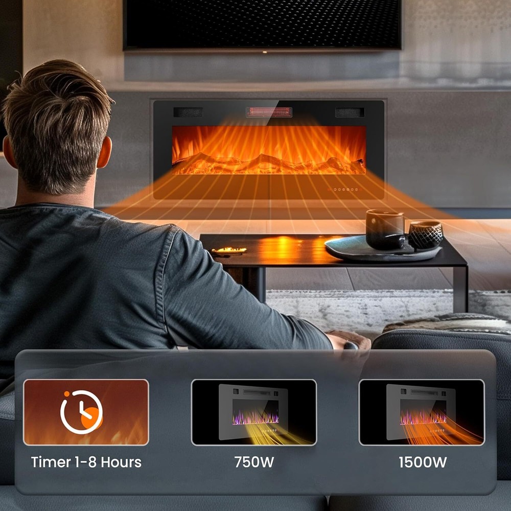 42Inch Electric Fireplace Inserts, in-Wall Recessed &Wall Mounted,Timer,Remote
