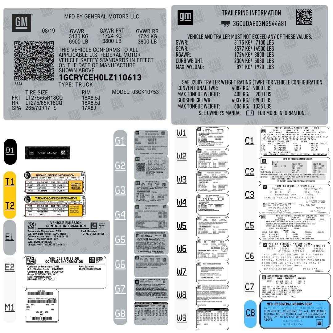 GMC CHEVY GM CADILLAC  VIN STICKER - ALL STYLES, driver door jamb id info data