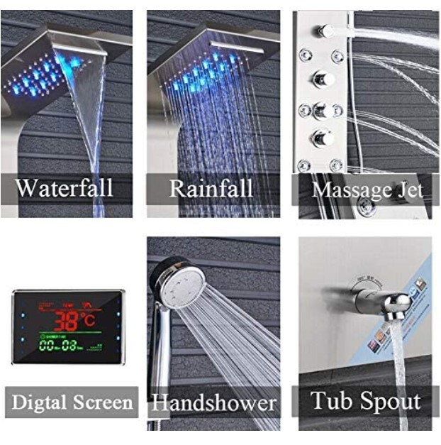 Shower Wall Panel Tower System Brushed Nickel Rainfall Waterfall Massage Jets