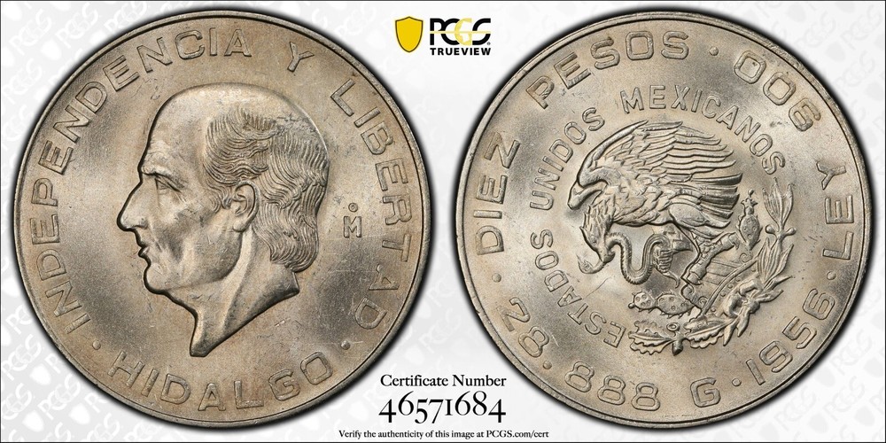 1956 Mo 10 Peso Hidalgo PCGS MS 64