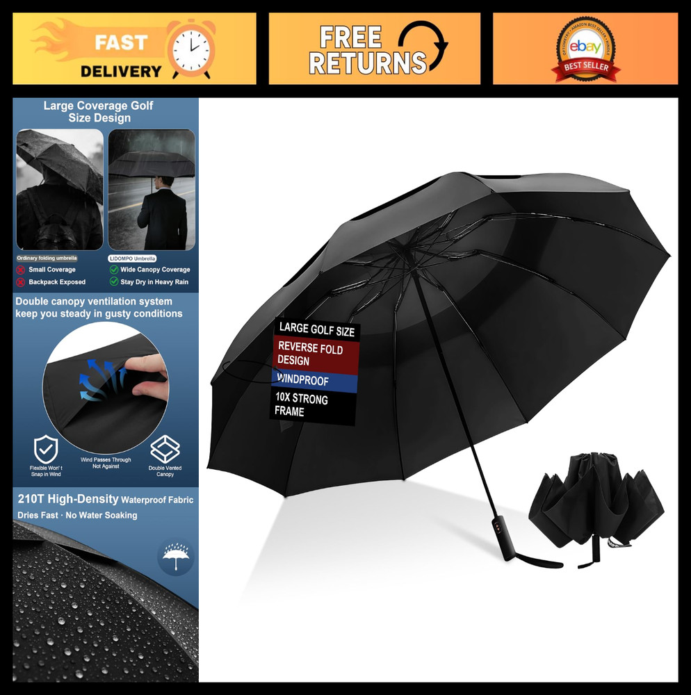 Windproof Compact Travel Umbrella - Large Inverted Auto Open & Close, Durable 10