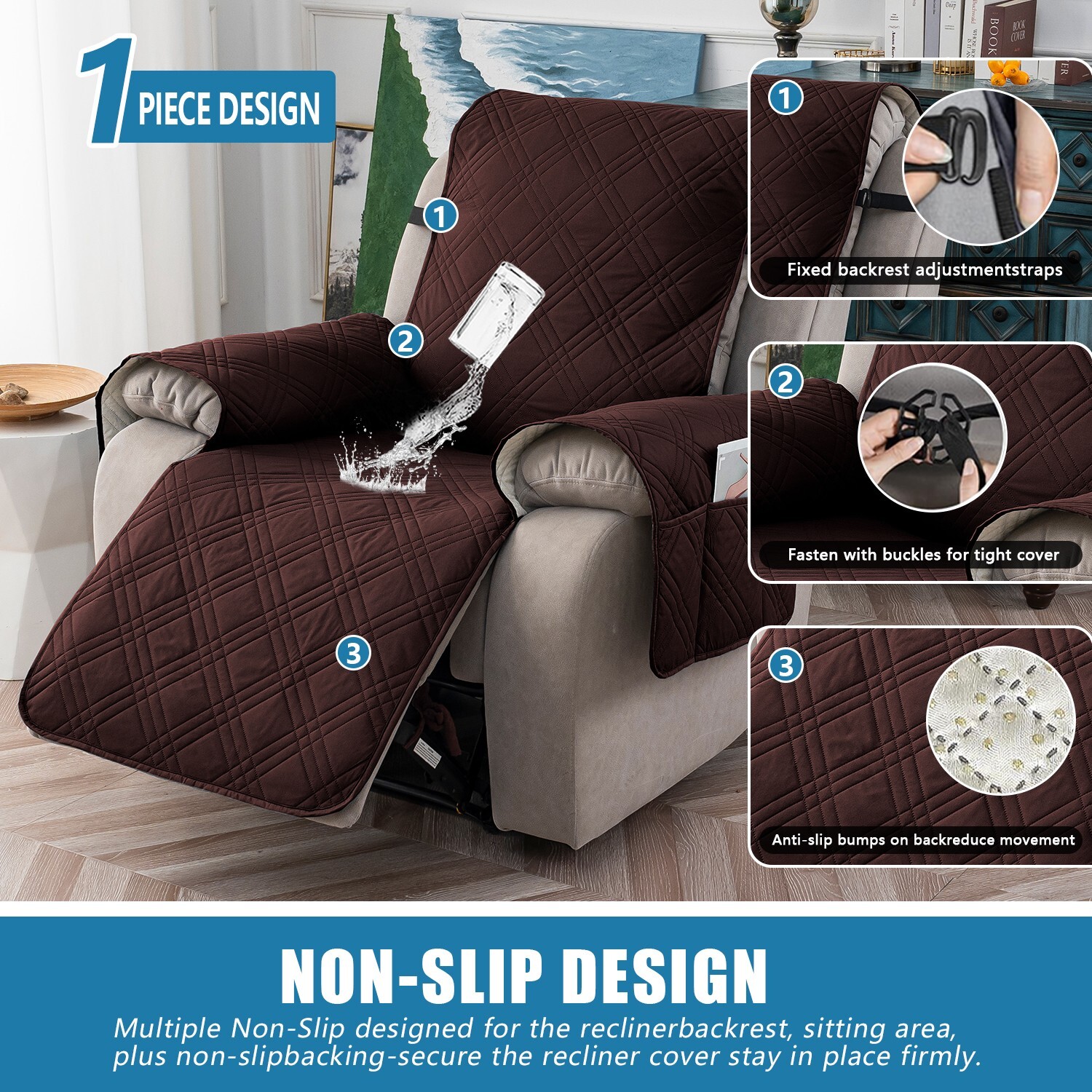 100% waterproof non-slip recliner cover, pockets, furniture protection trim