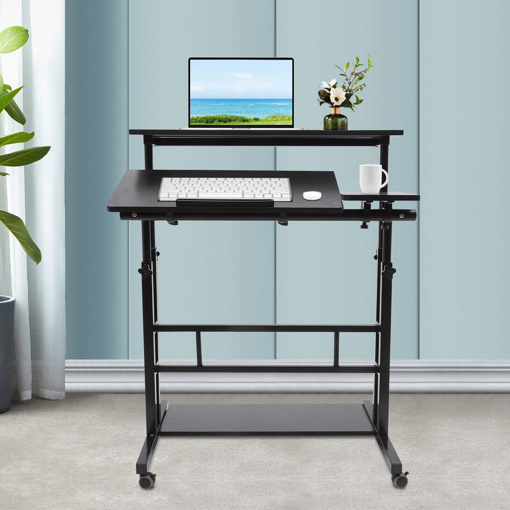 Rolling Laptop Desk Adjustable Height Office Computer Table Stand Up Workstation