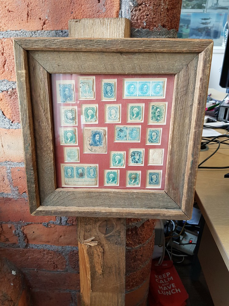 1861/3 Confederate States, war time vintage stamps, framed CAT VALUE £ 2,538.00