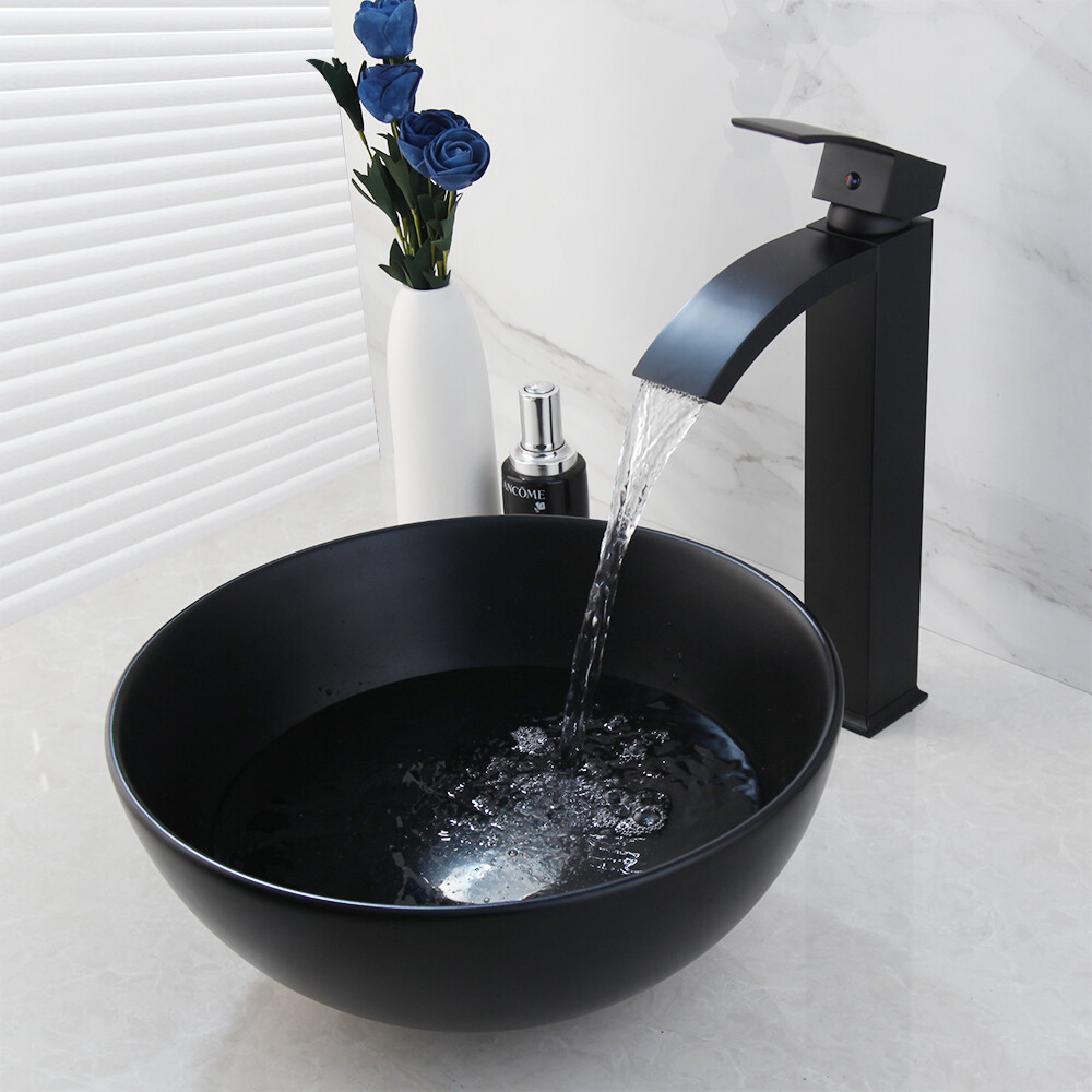 Ceramic Round Black Bathroom Vessel Sink Washing Basin Bowl Waterfall Faucet Tap