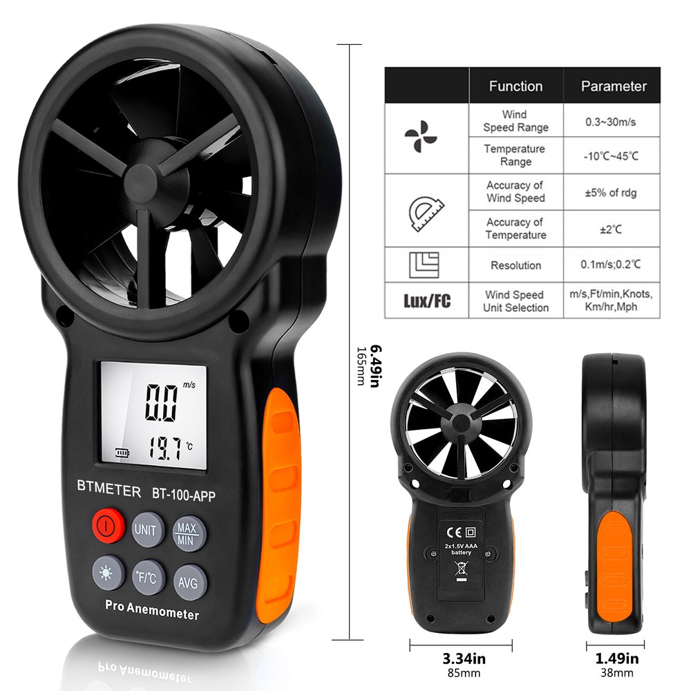 Anemometer Digital Wind Speed Meter Temp Gauge 5860ft/min Data Record with Case