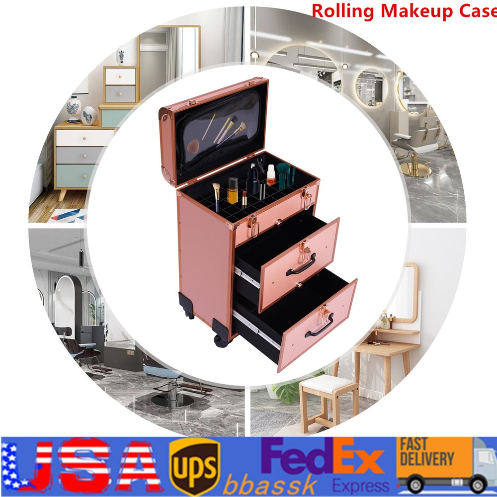Rolling Makeup Train Case Organizer Movable Cosmetic Makeup Storage Trolley