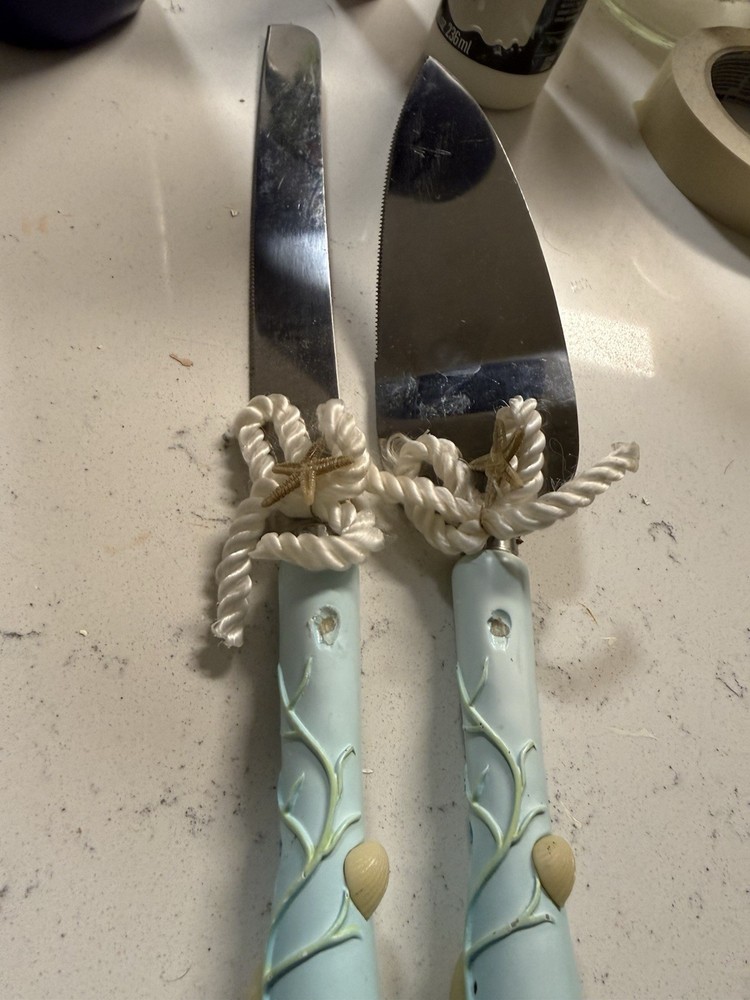 Beach Theme Cake Knife & Server Set Starfish Shell Handles Light Blue