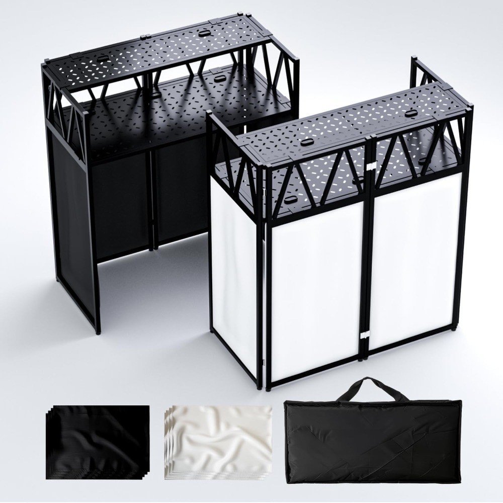 DJ Facade Booth Portable DJ Booth Table, Folding 2-Tier Workstation Table with