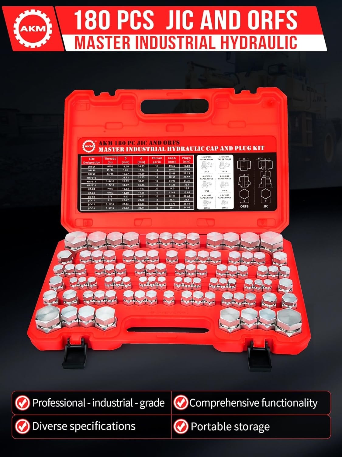 AKM 180 PC JIC and ORFS Hydraulic Cap and Plug Hose Tube and Pipe Fitting Kit