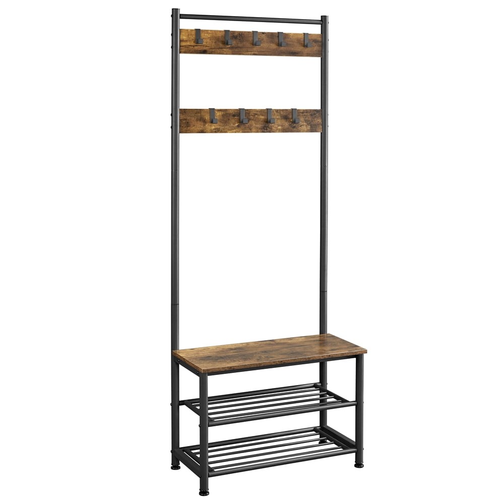 73" Metal Hall Tree W/ Shoe Storage Bench Rustic Brown