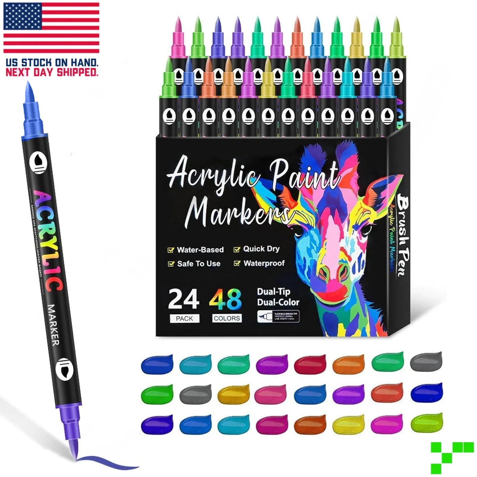 Acrylic Paint Marker Pens Set Brush/Fine Dual Tip Permanent Waterproof Opaque