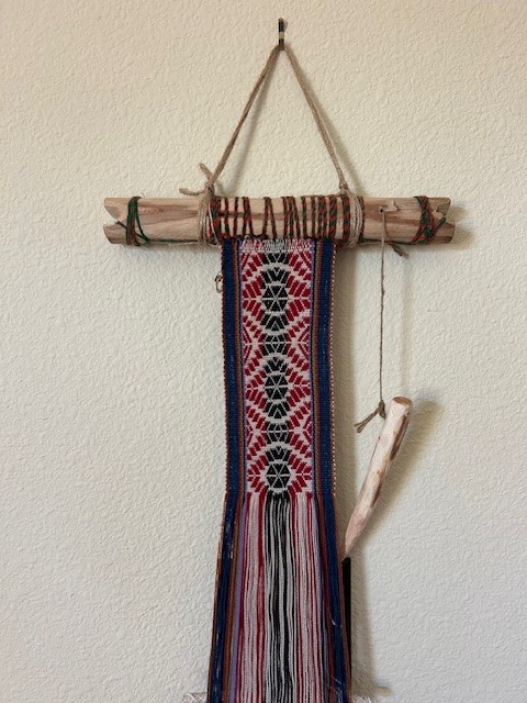 Vintage Peruvian textile, hanging hand loom, hand woven traditional design