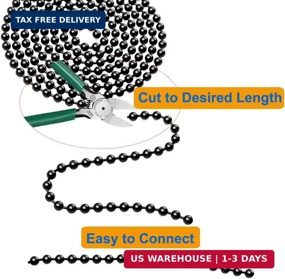 Black Ceiling Fan Pull Chain,160" Rustproof 3mm Beaded Ball Pull Chain Extension