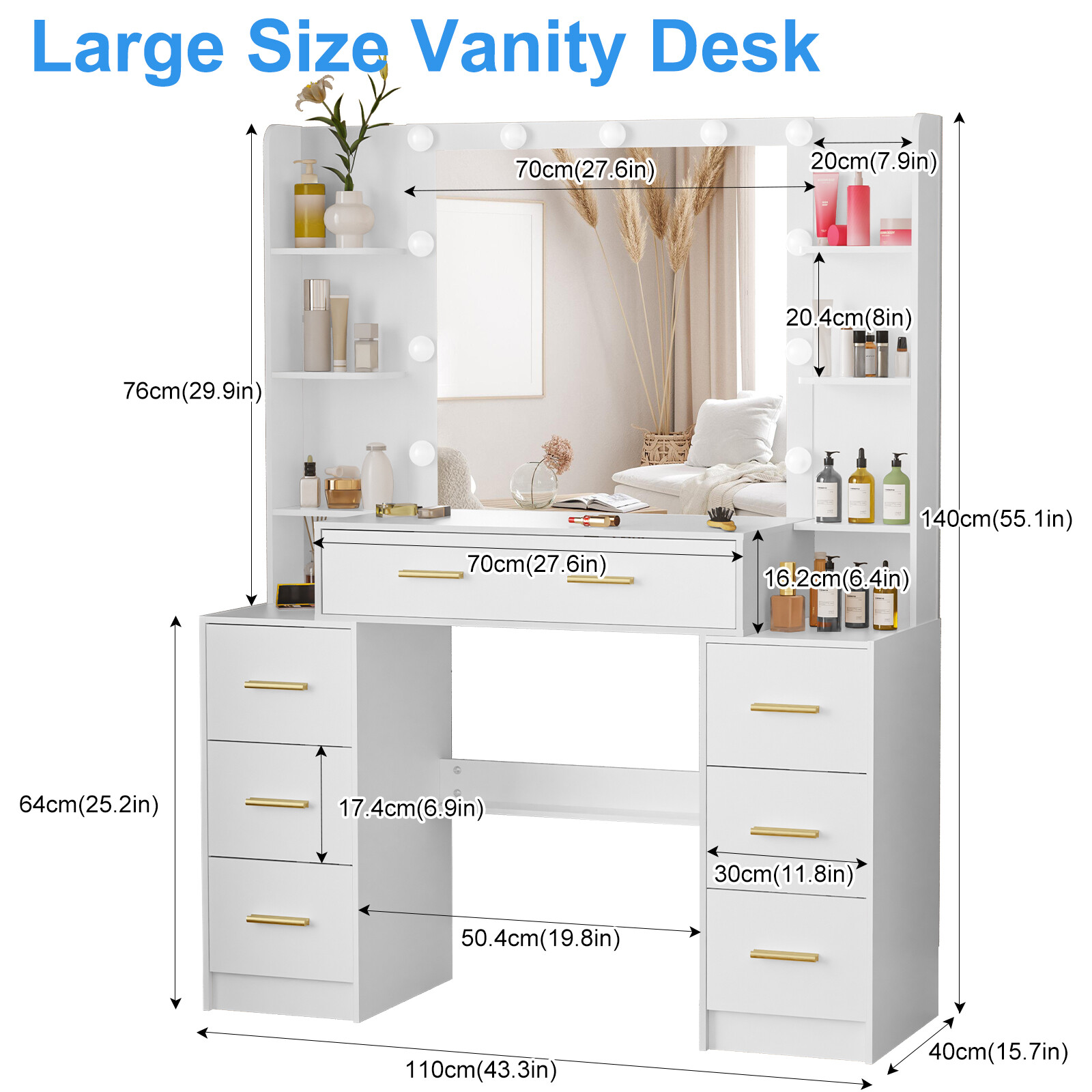 Vanity with Large Mirror and LED Lights Makeup Vanity Desk with 7 Drawers,Black