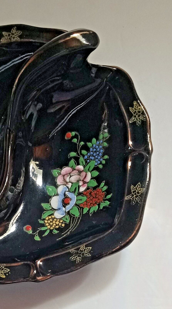 Divided Pottery Dish Handle Flowers Embossed 8 1/2"