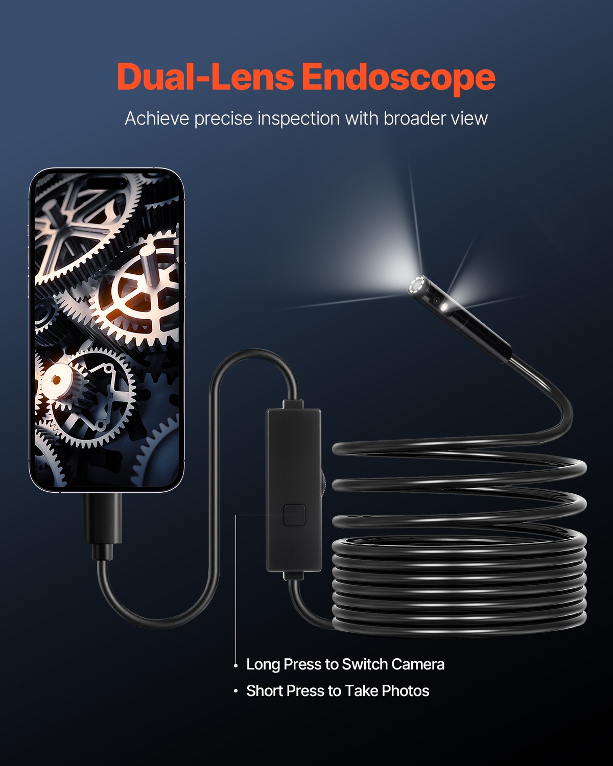 VEVOR Dual Lens Borescope Endoscope Camera for Android IOS & 16.4FT Snake Cable