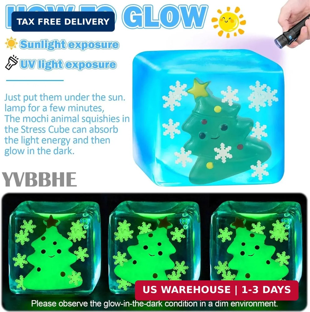 Blue Squeeze Cube with Luminous Hand Painted Christmas Tree Inside，Squishy Stres