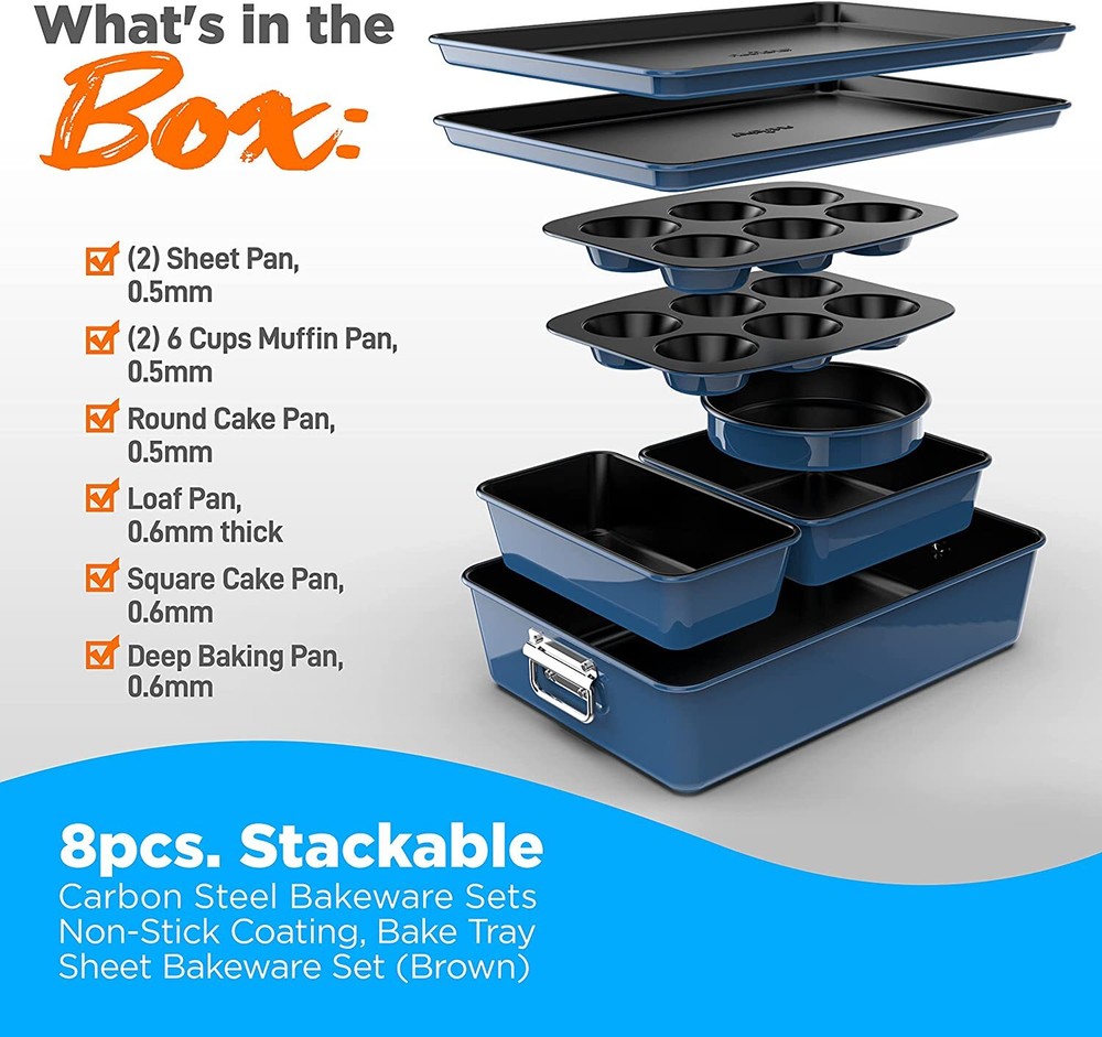 Nutrichef NCBKSTK9 8Pc Stackable Carbon Steel Bakeware-Blue