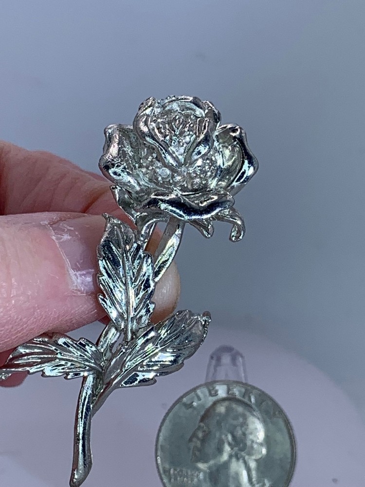 Rose on Stem Silver Brooch Pin M-2974