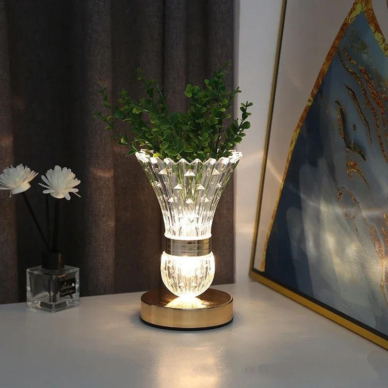 Crystal LED Vase Table Lamp, Touch Control, Night Light, Dimmable, Rechargeable
