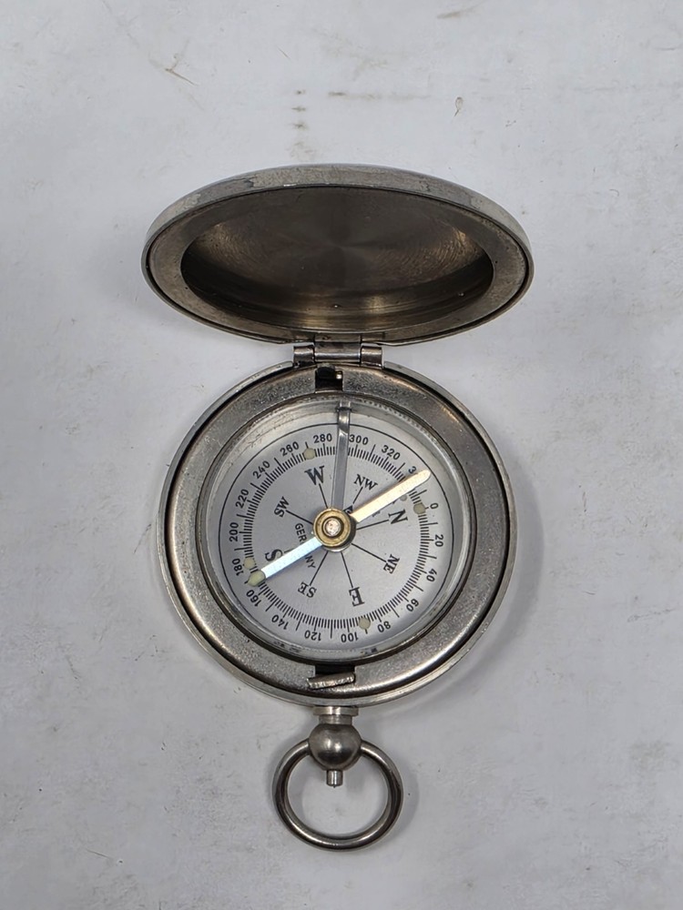 Vintage German Pocket Compass Silver Hunter Case Glow Luminous Dots Working