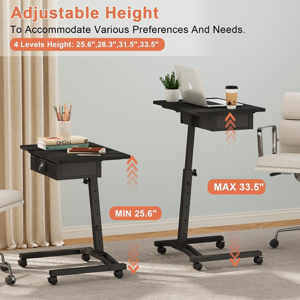 Rolling Adjustable Height Computer Desk With Drawers, Small Mobile Laptop Des...