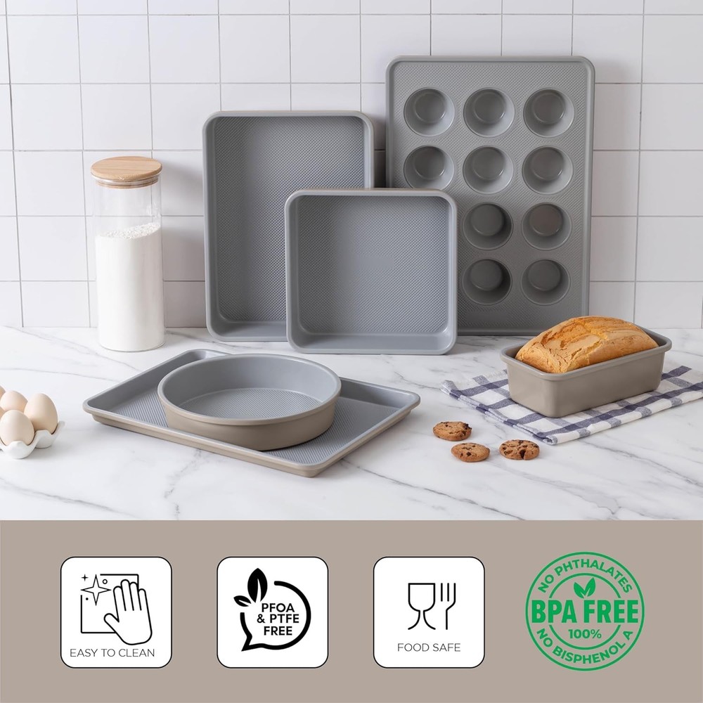 Stackable Bakeware Set - Durable, Easy Release Baking Set, Taupe, 6 Pcs