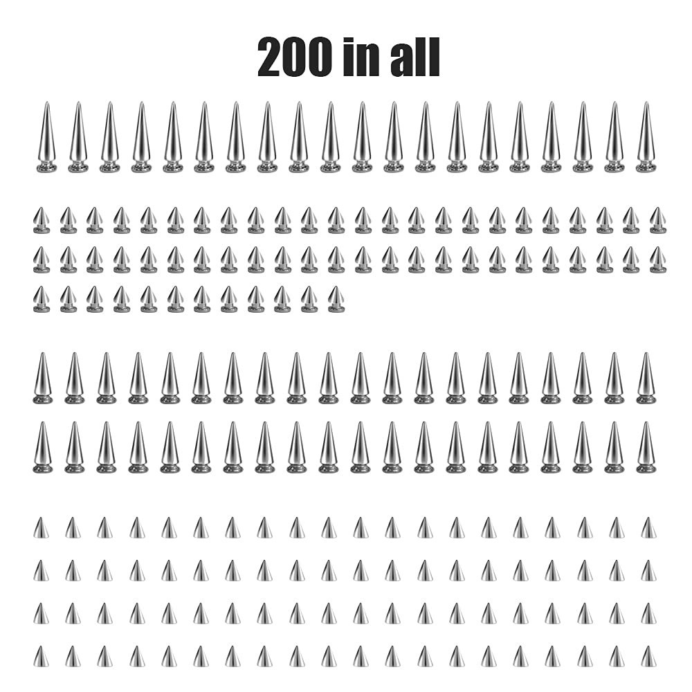 200 Sets Silver Cone Spikes Multiple Sizes Screw Back Studs Punk Rock Bullet ...