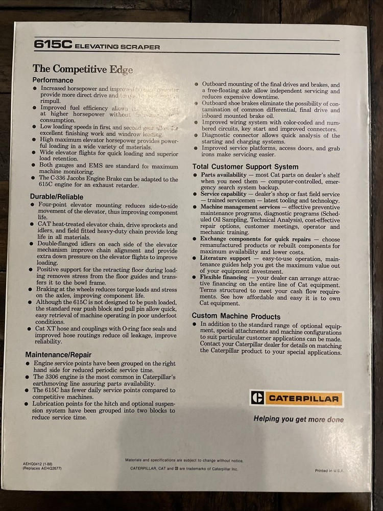 Caterpillar 615C Elevating Scraper Brochure ‘88