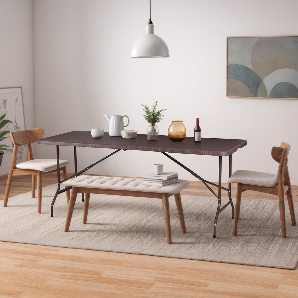 6ft Folding Table Portable Foldable Card Table Fold-in-Half Utility Table Brown
