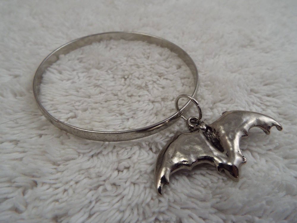 Silvertone Halloween Bat Charm Bangle Bracelet