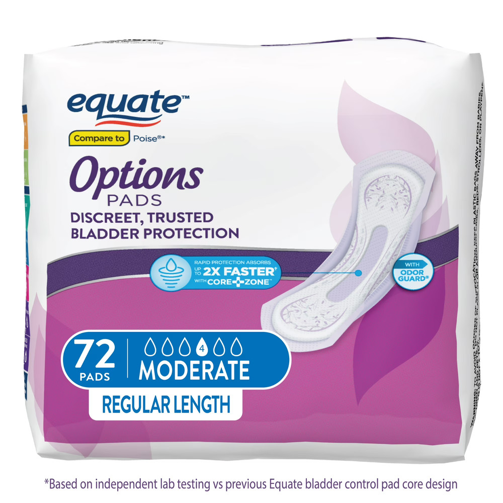Equate Options Pads Moderate Absorbency, Regular Length, 72 Ct Value Pack