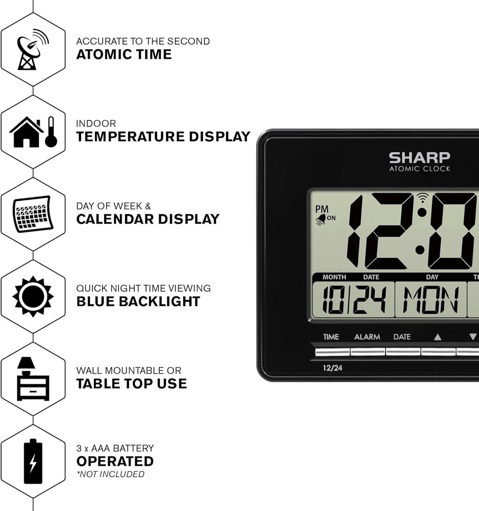 Sharp Atomic Desktop Clock - Auto Set Digital Alarm Clock Atomic Accuracy, Black