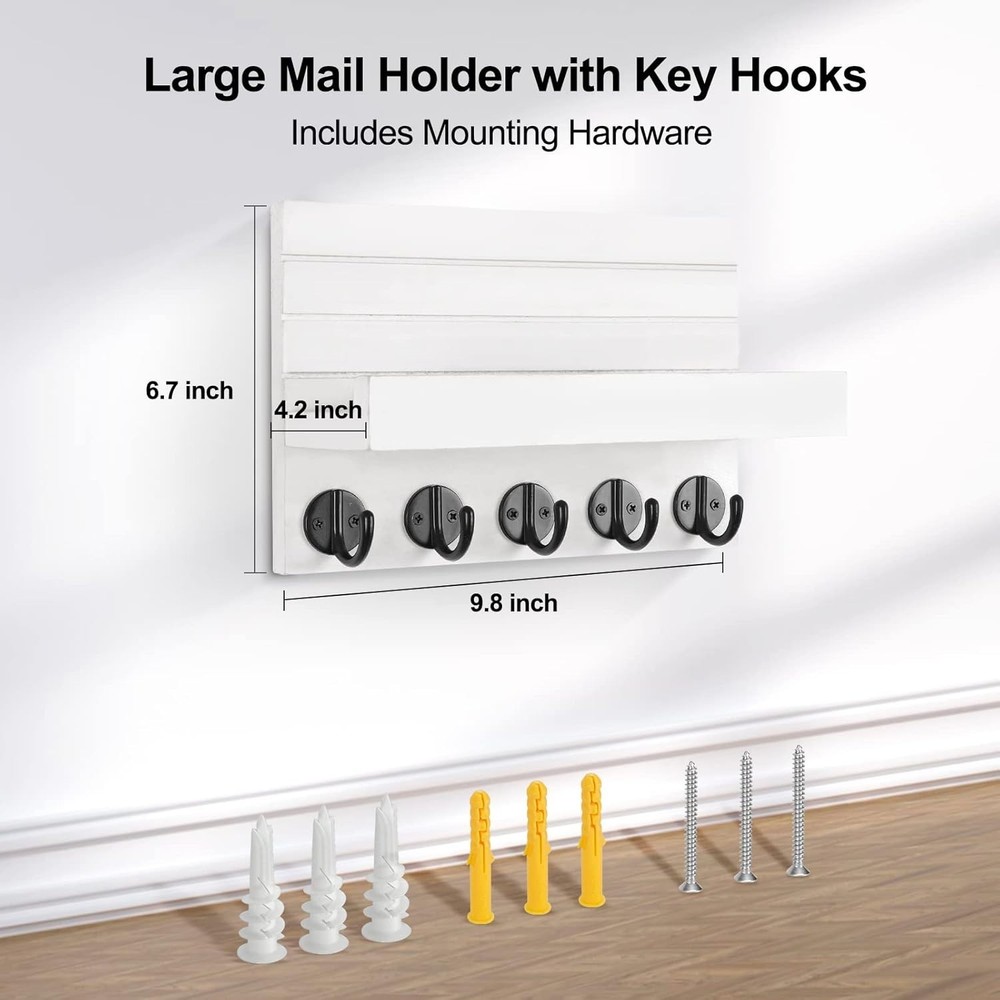 Handmade Decorative Key and Mail Holder with Large Hooks for Wall Mounting